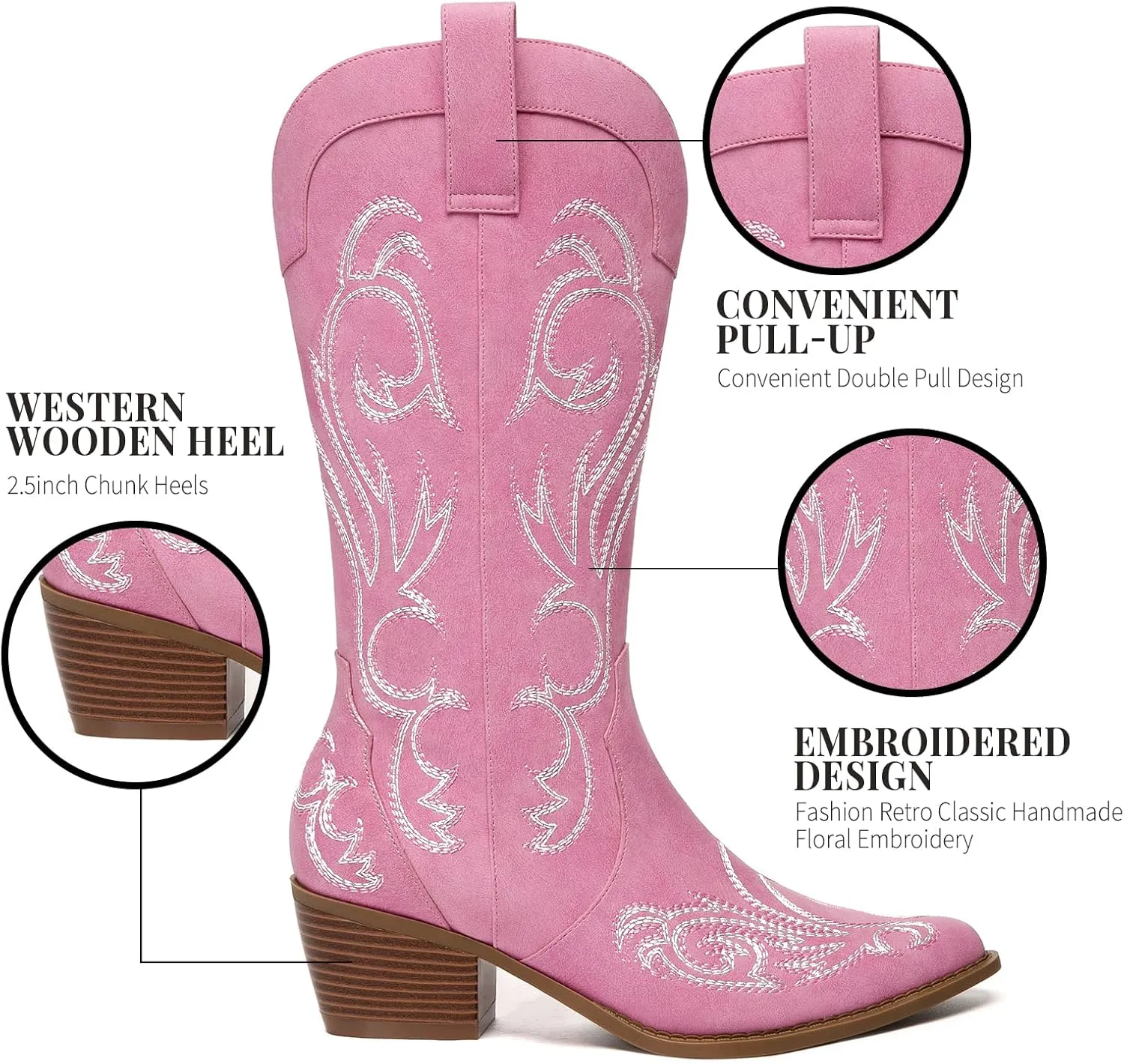 Athlefit Cowboy Boots for Women Western Cowgirl Boots Fashion Embroidered Pointed Toe Chunky Heel Mid Calf Boots