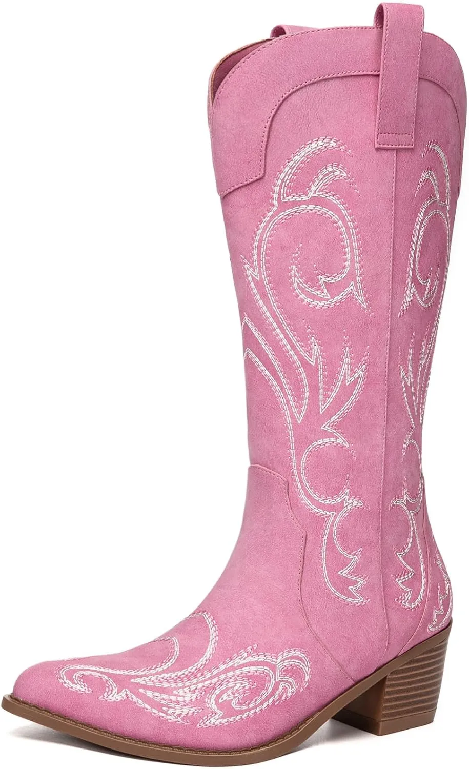 Athlefit Cowboy Boots for Women Western Cowgirl Boots Fashion Embroidered Pointed Toe Chunky Heel Mid Calf Boots