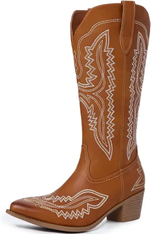 Athlefit Cowboy Boots for Women Western Cowgirl Square Toe boots Embroidery Chunky Heel Mid-Calf Boots
