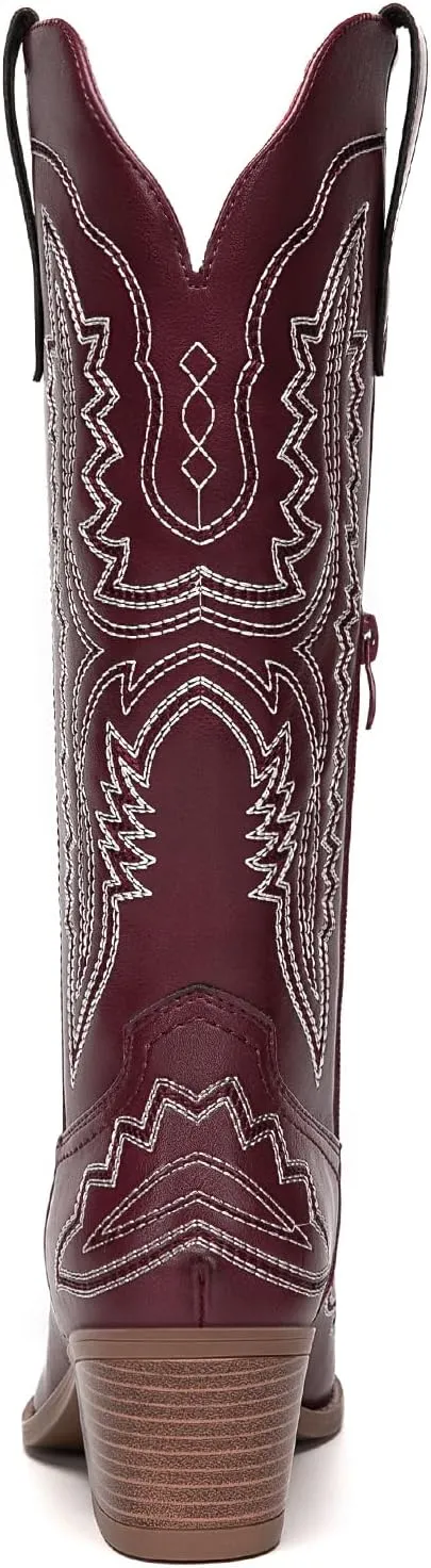 Athlefit Cowboy Boots for Women Western Cowgirl Square Toe boots Embroidery Chunky Heel Mid-Calf Boots