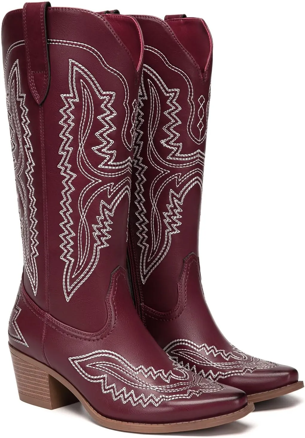 Athlefit Cowboy Boots for Women Western Cowgirl Square Toe boots Embroidery Chunky Heel Mid-Calf Boots