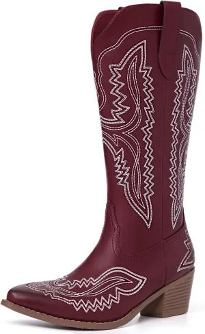 Athlefit Cowboy Boots for Women Western Cowgirl Square Toe boots Embroidery Chunky Heel Mid-Calf Boots