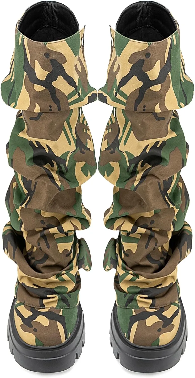 Atuelang Women's Slouchy Fold Over Platform Boots Mid Calf Pull On Fashion Snap Button Boots
