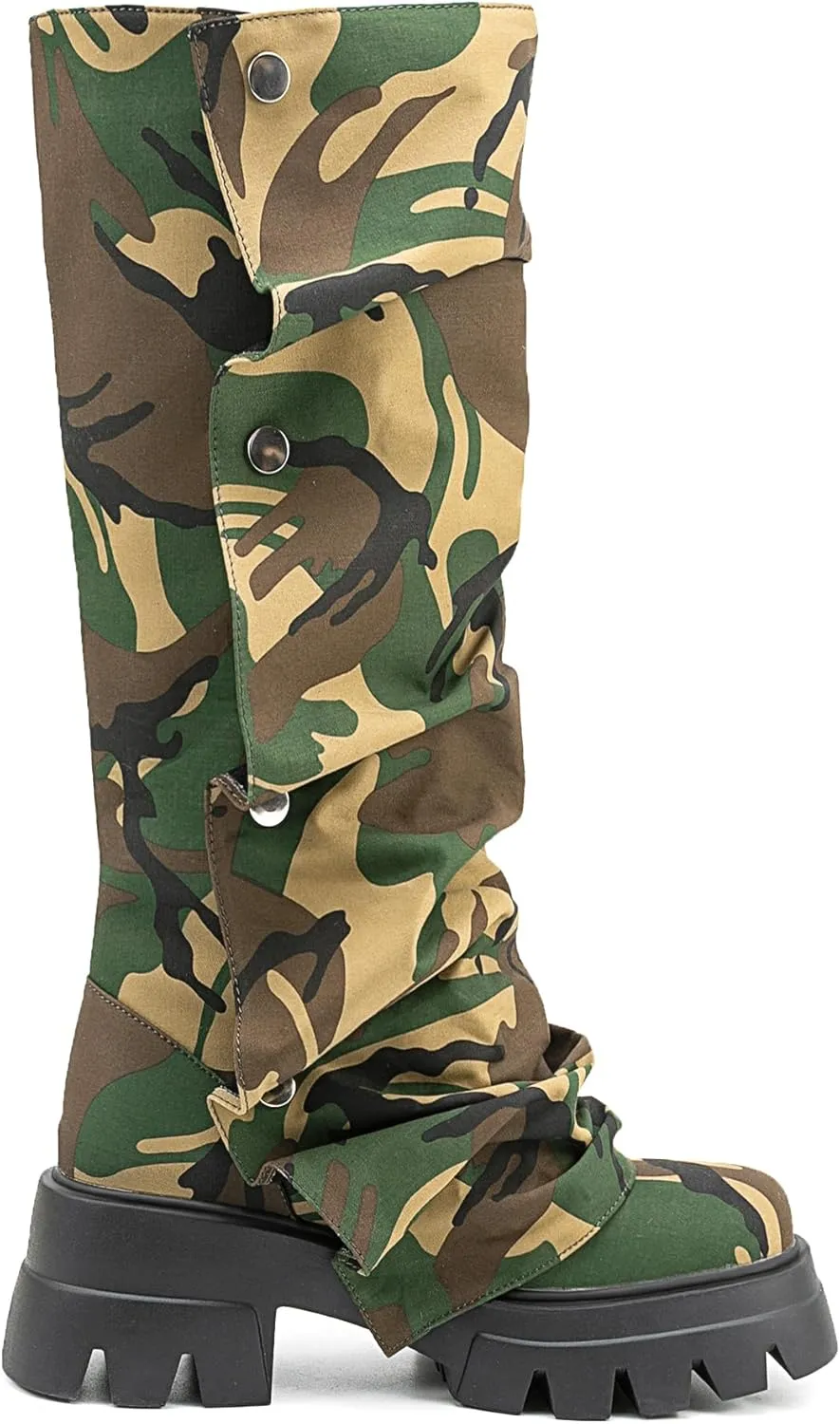 Atuelang Women's Slouchy Fold Over Platform Boots Mid Calf Pull On Fashion Snap Button Boots