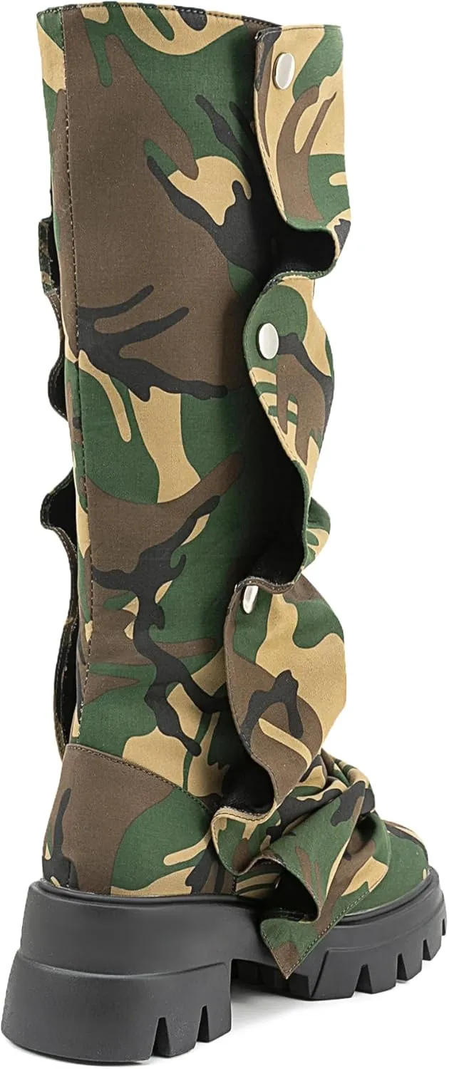 Atuelang Women's Slouchy Fold Over Platform Boots Mid Calf Pull On Fashion Snap Button Boots