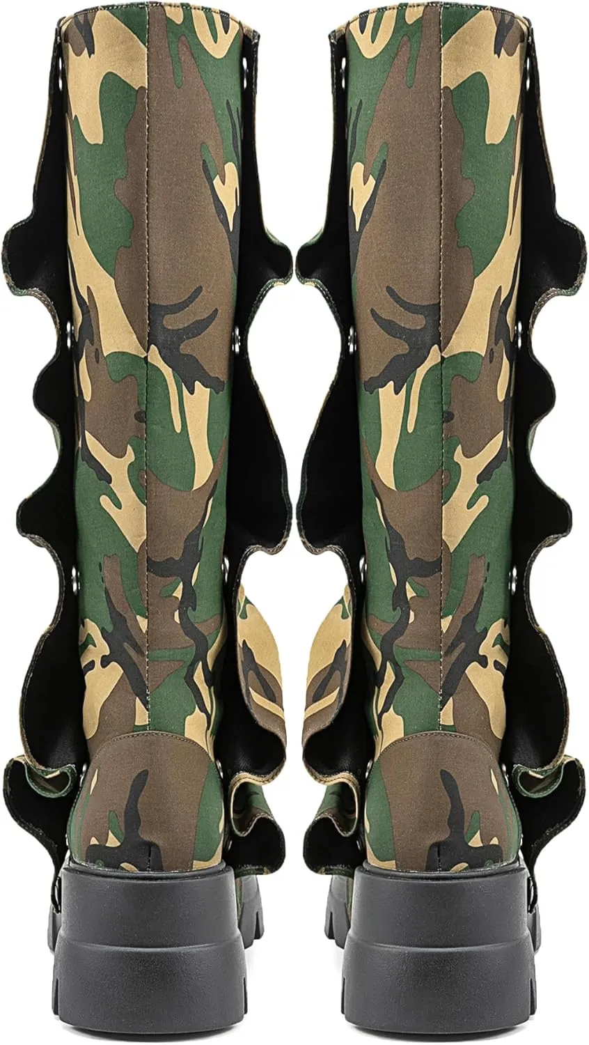 Atuelang Women's Slouchy Fold Over Platform Boots Mid Calf Pull On Fashion Snap Button Boots