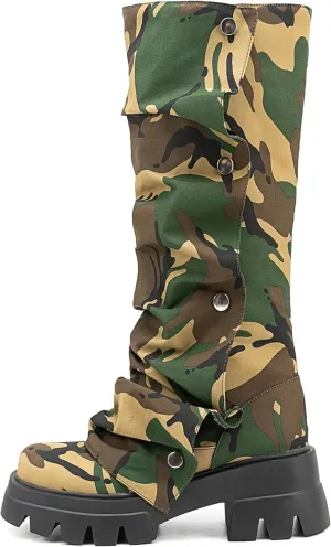 Atuelang Women's Slouchy Fold Over Platform Boots Mid Calf Pull On Fashion Snap Button Boots