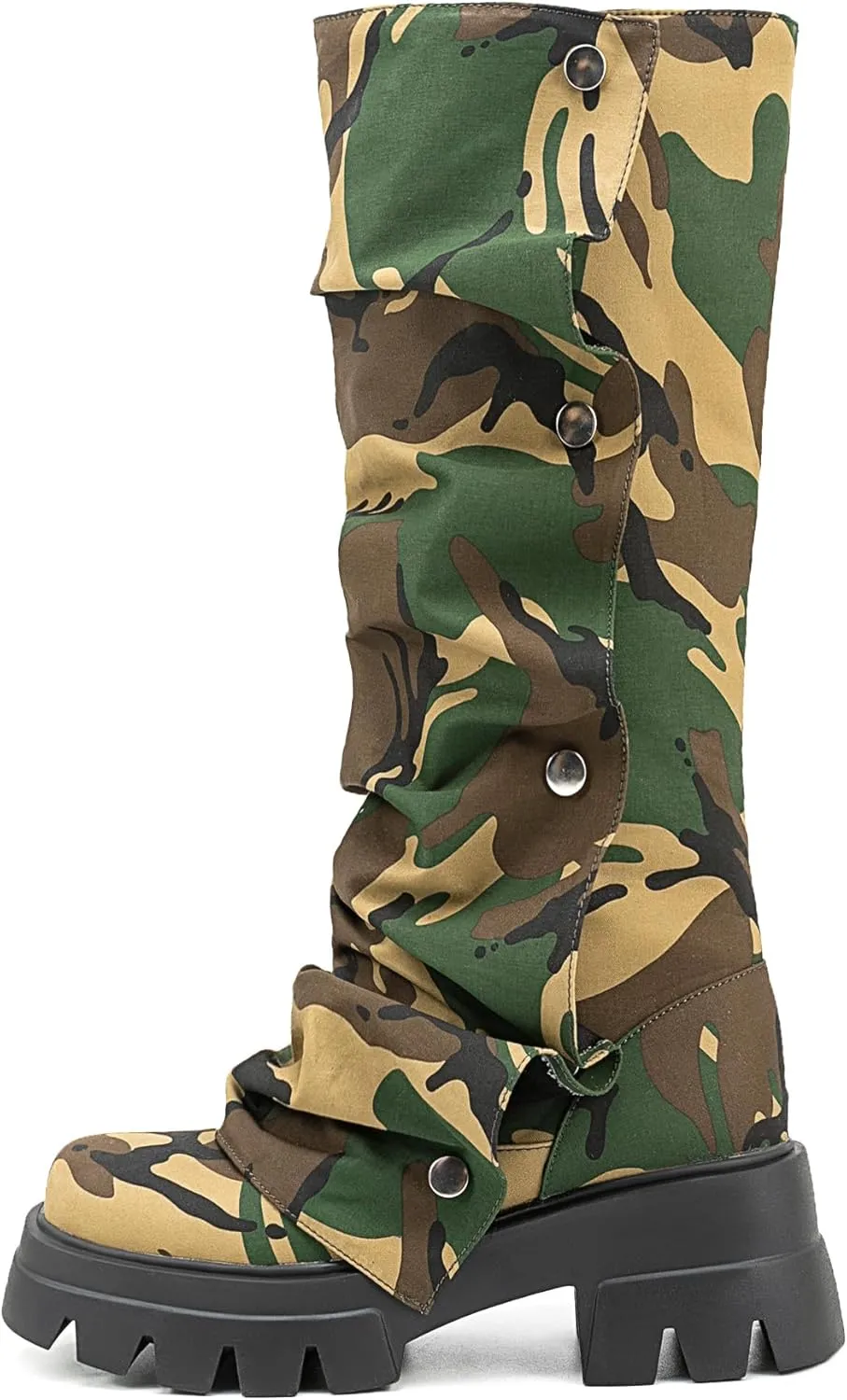 Atuelang Women's Slouchy Fold Over Platform Boots Mid Calf Pull On Fashion Snap Button Boots