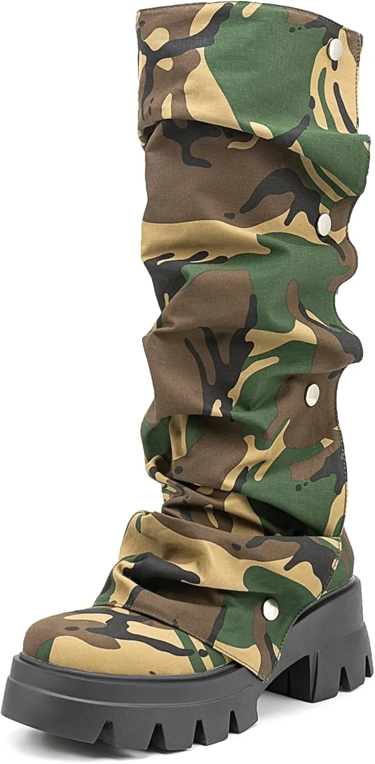 Atuelang Women's Slouchy Fold Over Platform Boots Mid Calf Pull On Fashion Snap Button Boots
