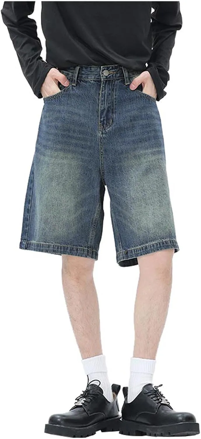 Baggy Jean Shorts for Men Summer Casual Loose Fit Y2K Hip Hop Long Denim Shorts Streetwear