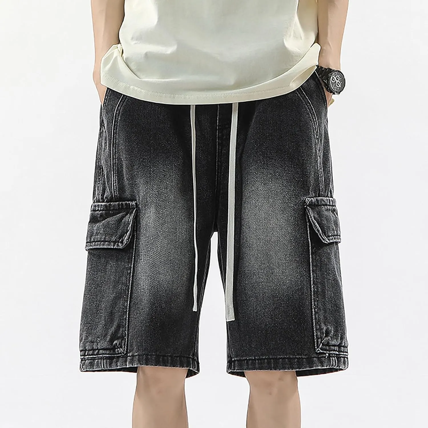Baggy Jean Shorts for Men Summer Casual Loose Fit Y2K Hip Hop Long Denim Shorts Streetwear