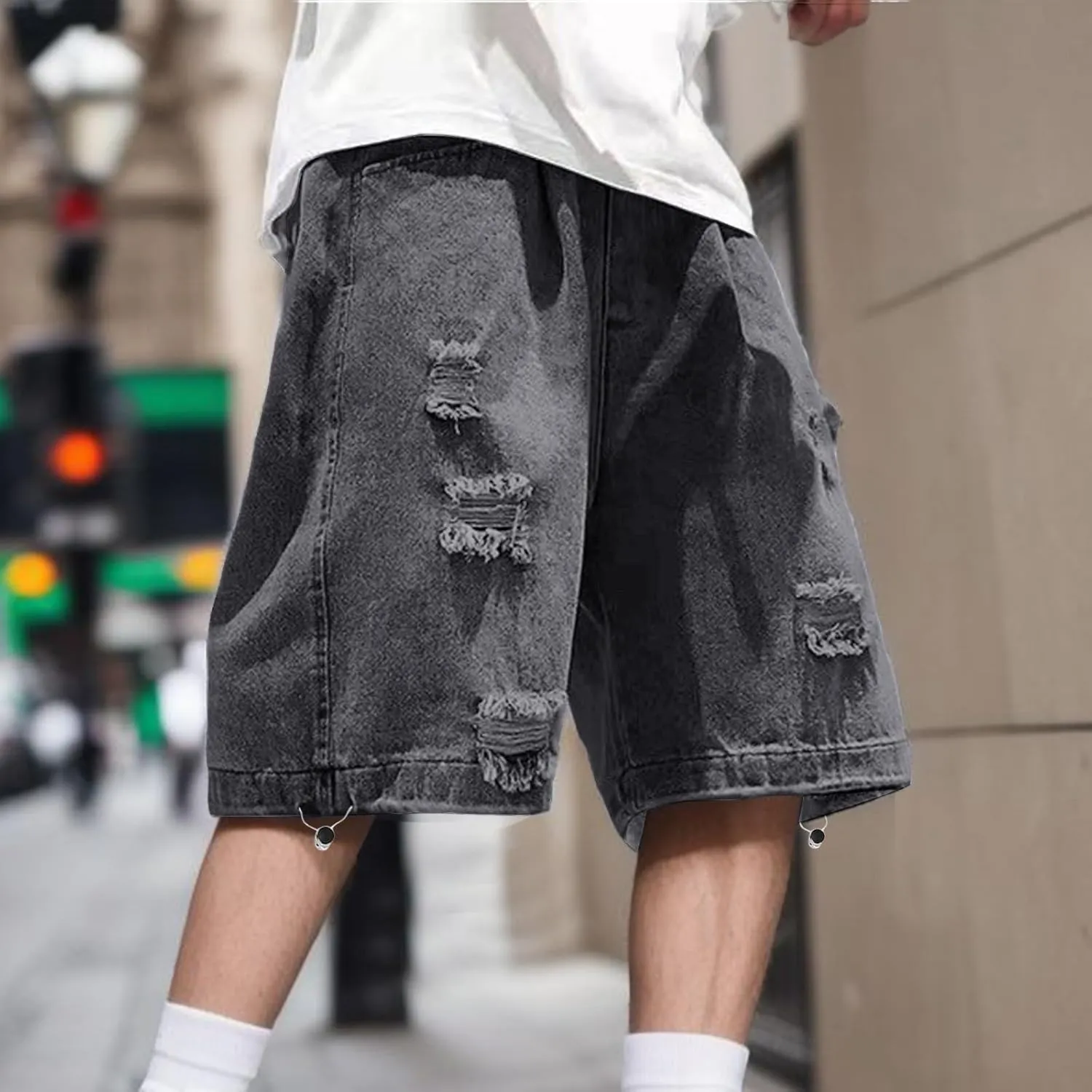 Baggy Jean Shorts for Men Summer Casual Loose Fit Y2K Hip Hop Long Denim Shorts Streetwear