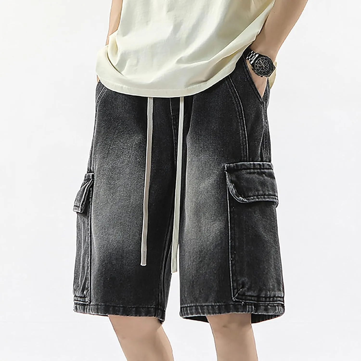 Baggy Jean Shorts for Men Summer Casual Loose Fit Y2K Hip Hop Long Denim Shorts Streetwear