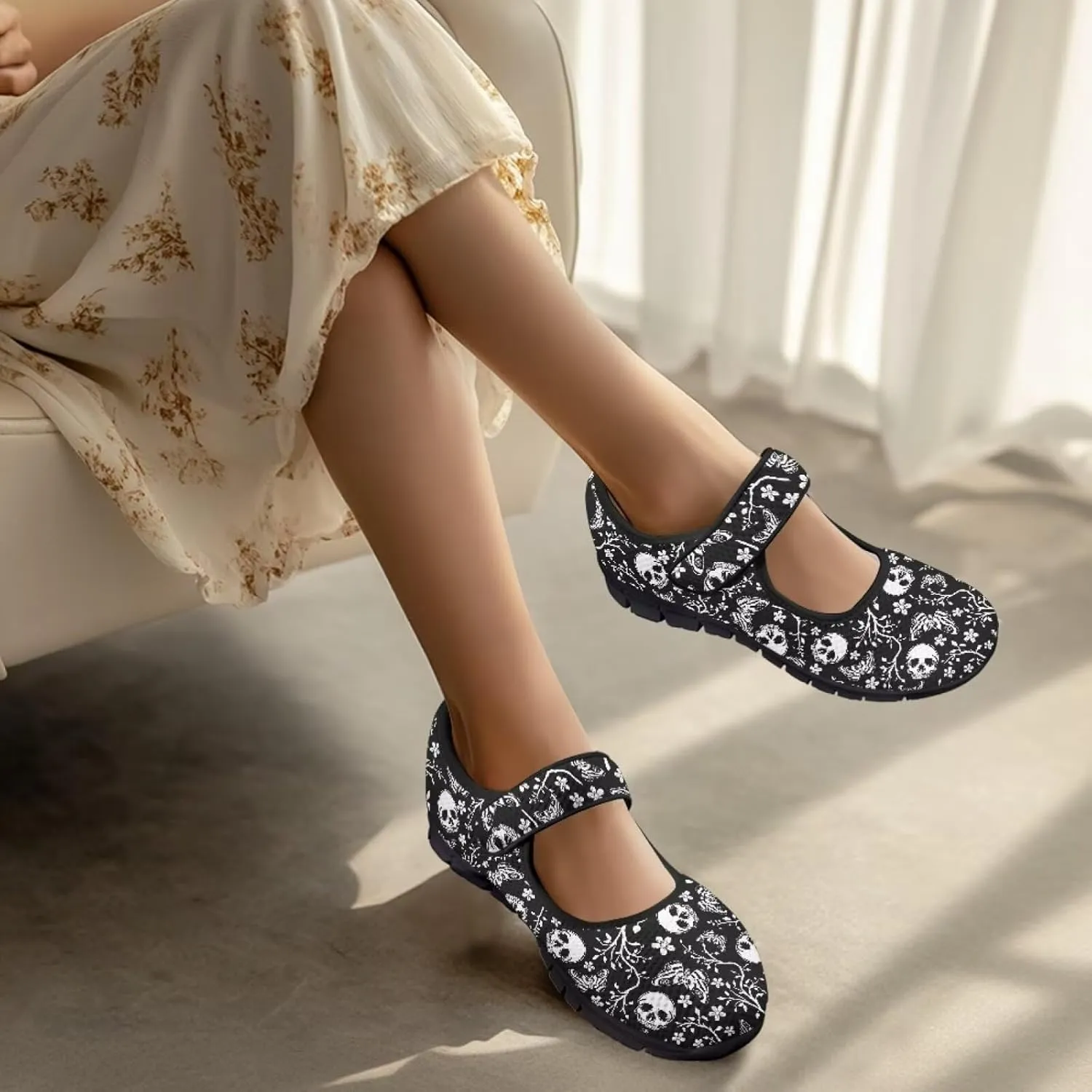Binienty Mary Jane Shoes for Women Gothic Skull Flat Shoes Stylish Ballet Flats Youth Dressy Comfortable Daily Footwear