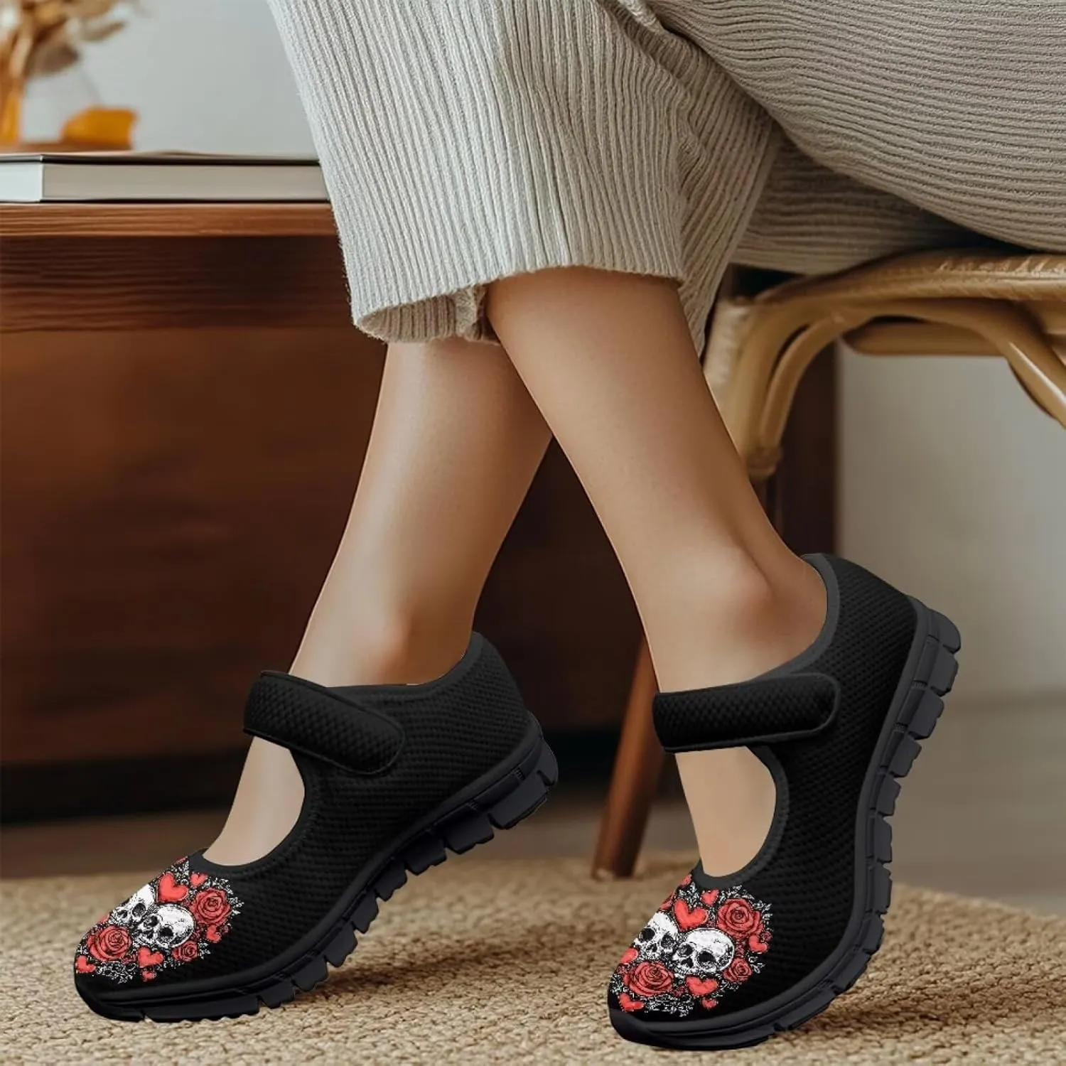 Binienty Mary Jane Shoes for Women Gothic Skull Flat Shoes Stylish Ballet Flats Youth Dressy Comfortable Daily Footwear