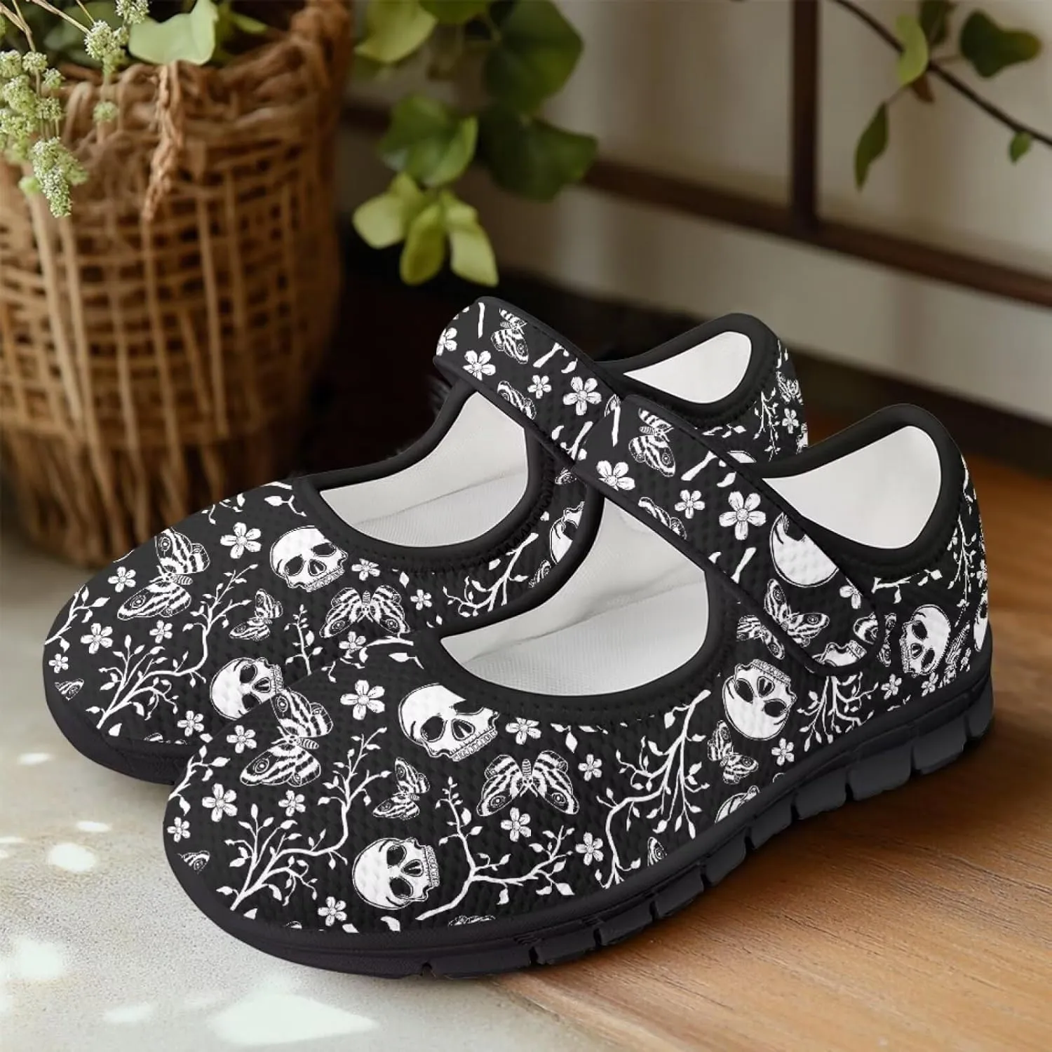 Binienty Mary Jane Shoes for Women Gothic Skull Flat Shoes Stylish Ballet Flats Youth Dressy Comfortable Daily Footwear