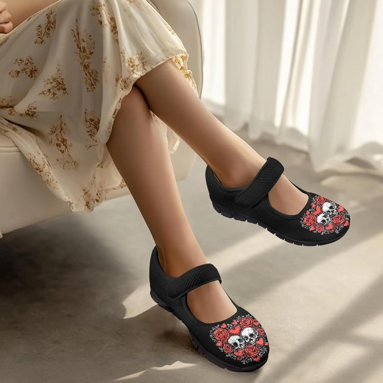 Binienty Mary Jane Shoes for Women Gothic Skull Flat Shoes Stylish Ballet Flats Youth Dressy Comfortable Daily Footwear