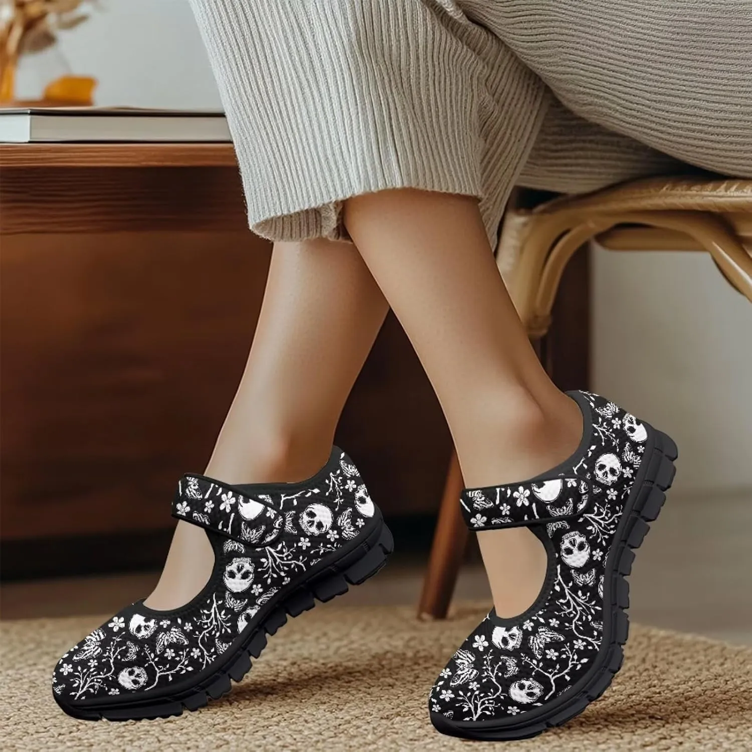 Binienty Mary Jane Shoes for Women Gothic Skull Flat Shoes Stylish Ballet Flats Youth Dressy Comfortable Daily Footwear