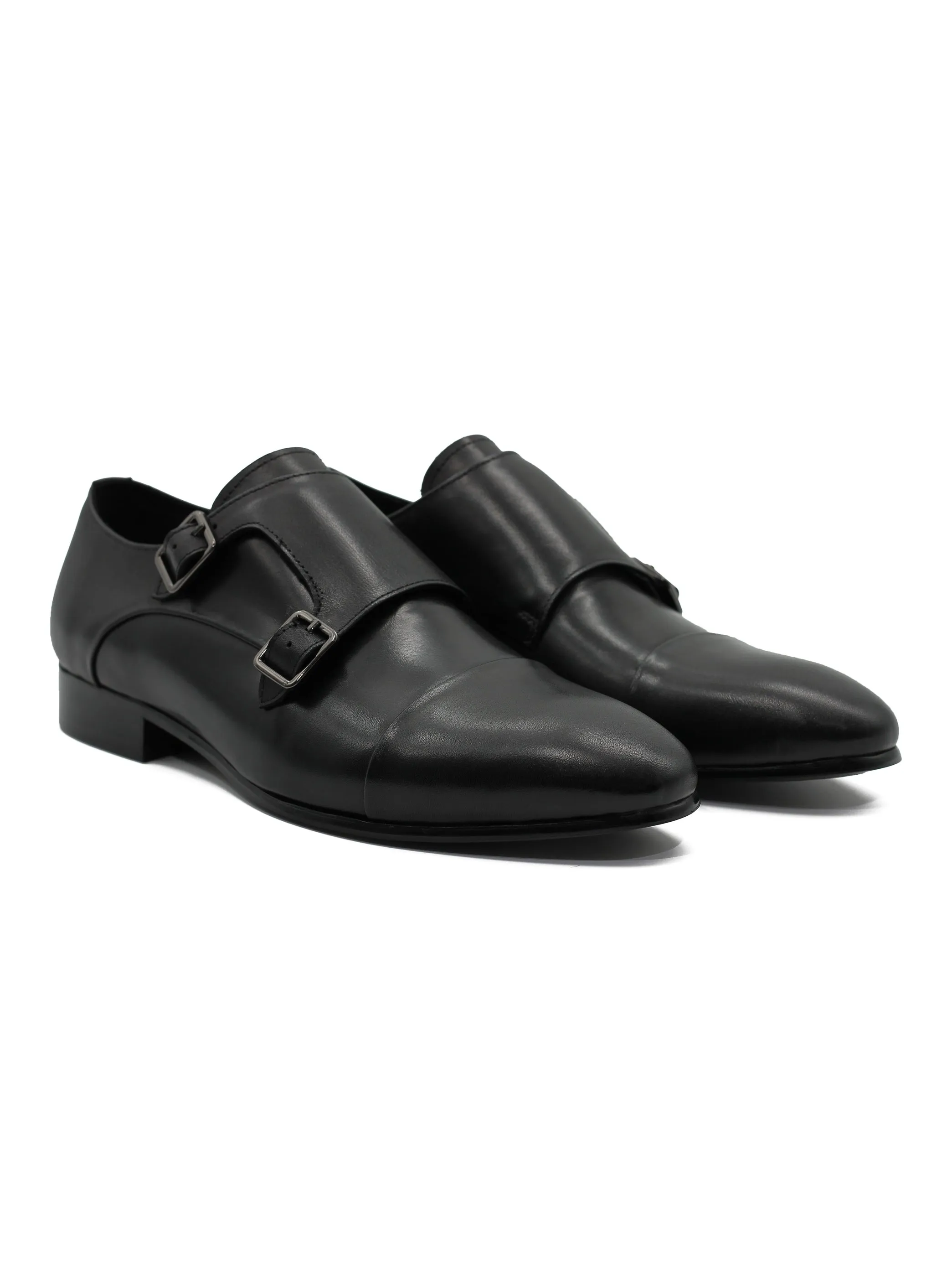 BLACK LEATHER DOUBLE MONK SHOES