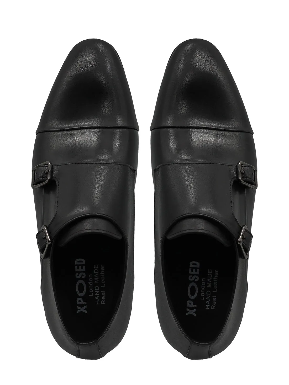 BLACK LEATHER DOUBLE MONK SHOES