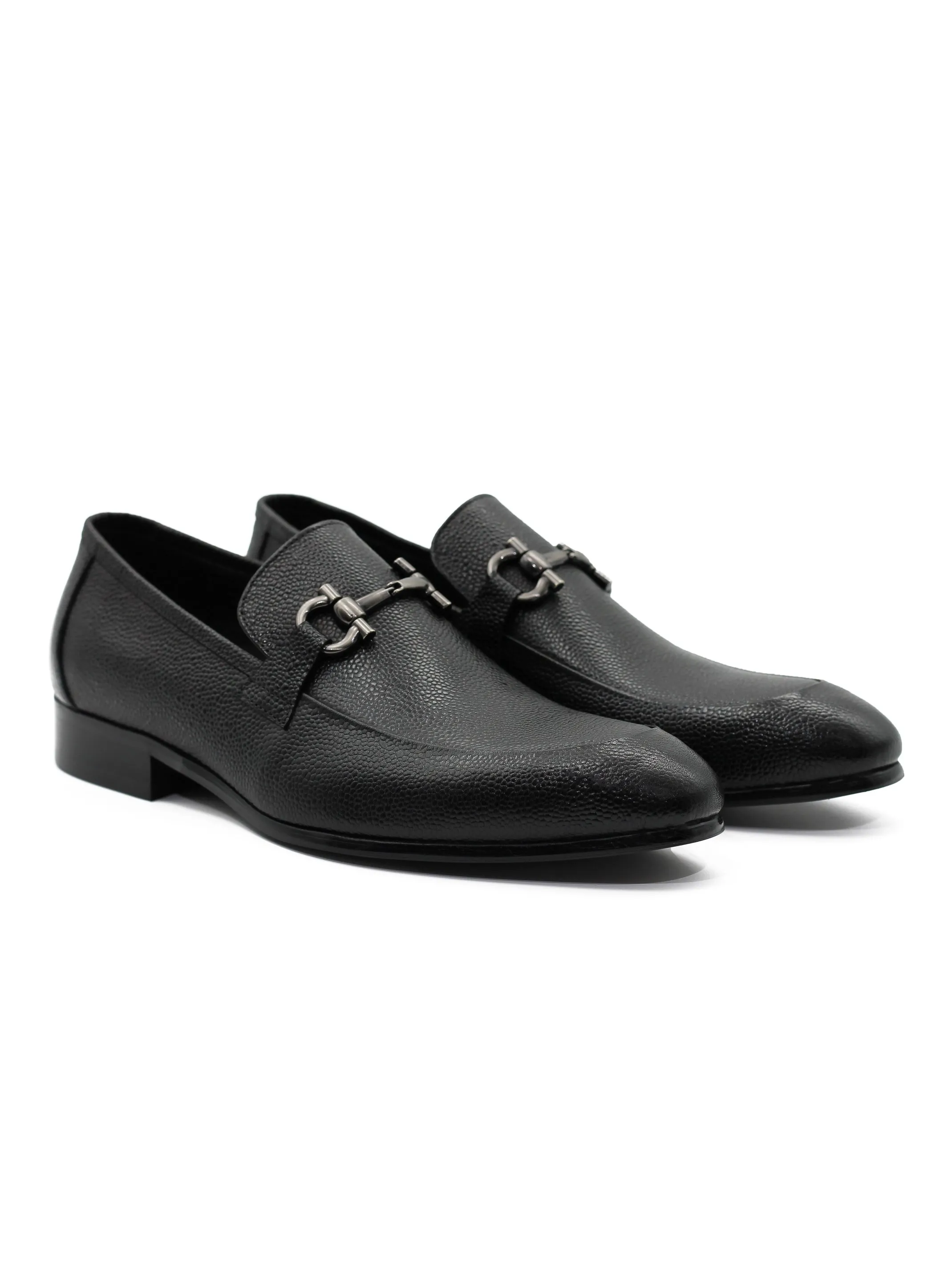 BLACK LEATHER SNAFLE BIT BUCKLE LOAFERS