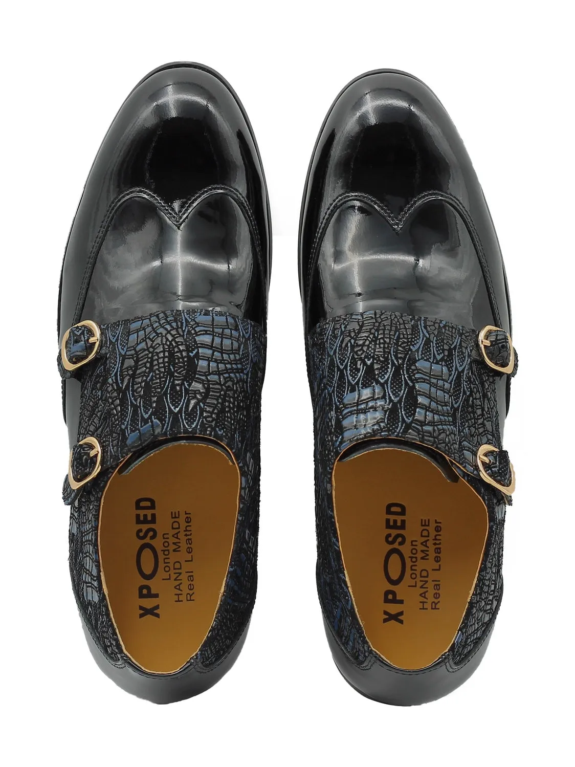 BLACK SHINY PRINTED DOUBLE MONK SHOES