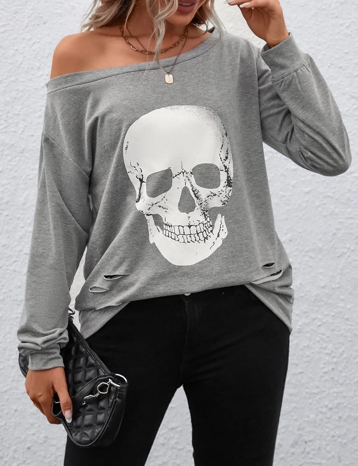 Blooming Jelly Women's Halloween Sweatshirts Skull Graphic T Shirts Long Sleeve Pullover Tops Gothic Fall Clothes 2024