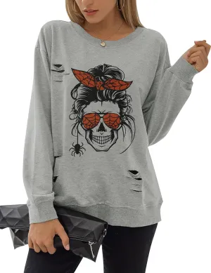 Blooming Jelly Women's Halloween Sweatshirts Skull Graphic T Shirts Long Sleeve Pullover Tops Gothic Fall Clothes 2024