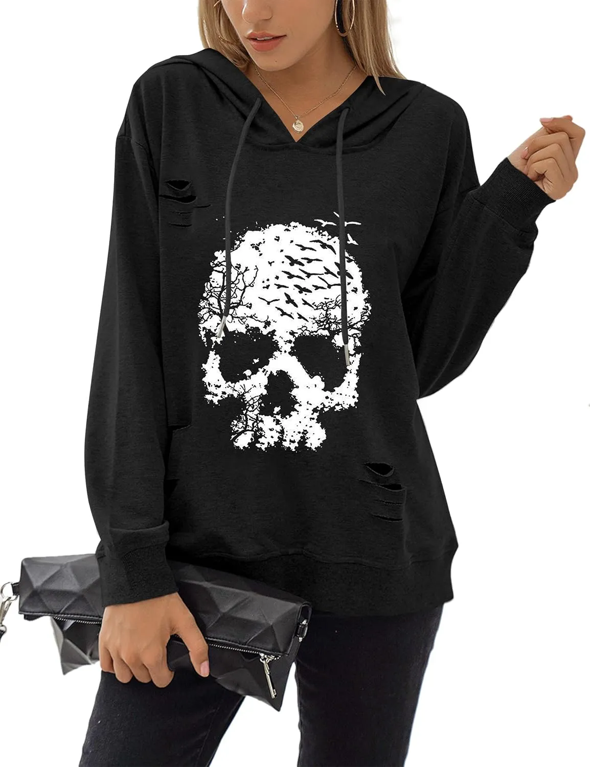 Blooming Jelly Women's Halloween Sweatshirts Skull Graphic T Shirts Long Sleeve Pullover Tops Gothic Fall Clothes 2024