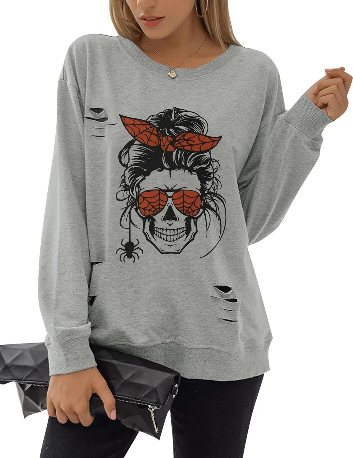 Blooming Jelly Women's Halloween Sweatshirts Skull Graphic T Shirts Long Sleeve Pullover Tops Gothic Fall Clothes 2024