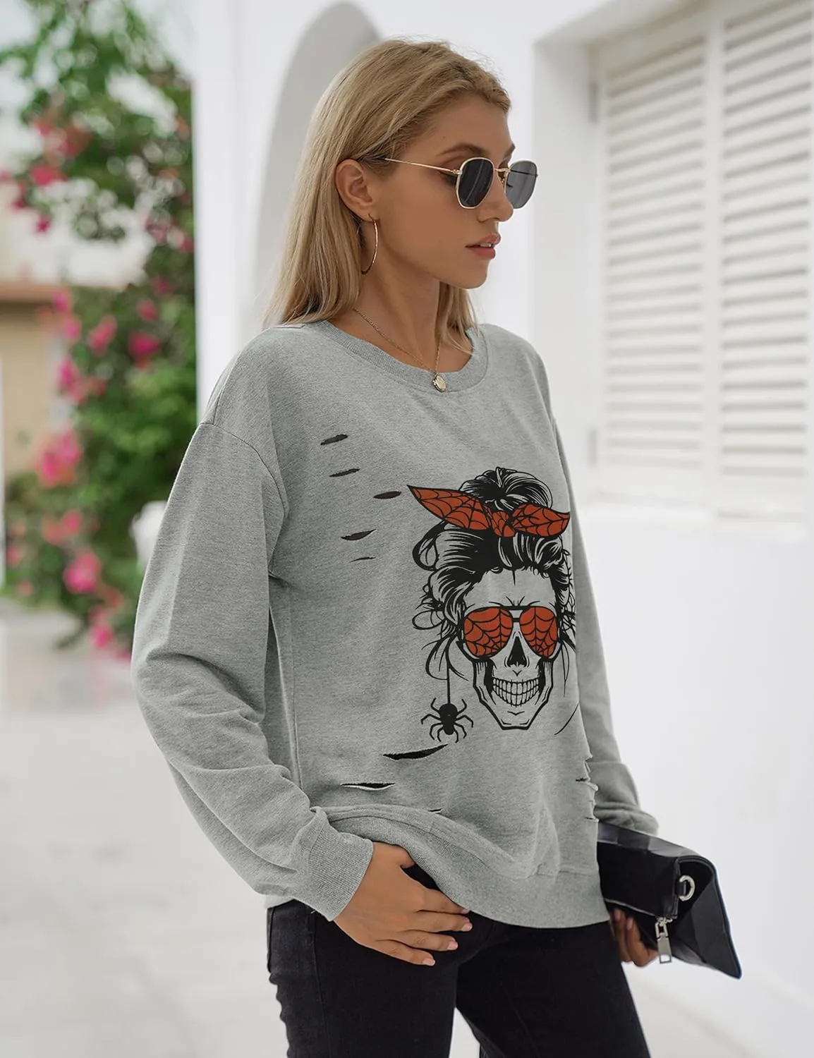Blooming Jelly Women's Halloween Sweatshirts Skull Graphic T Shirts Long Sleeve Pullover Tops Gothic Fall Clothes 2024