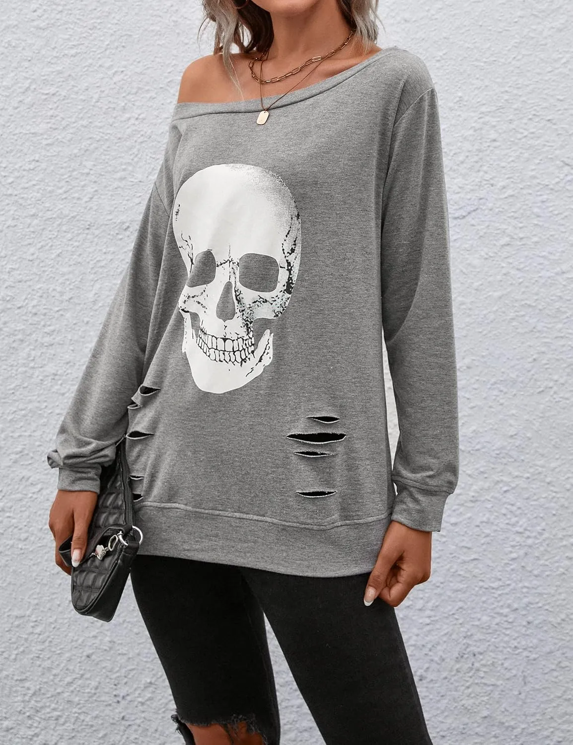 Blooming Jelly Women's Halloween Sweatshirts Skull Graphic T Shirts Long Sleeve Pullover Tops Gothic Fall Clothes 2024