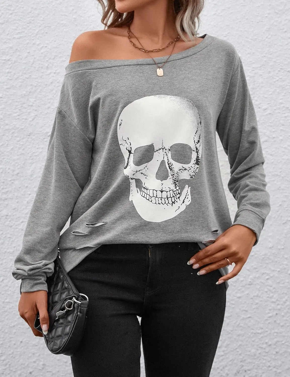 Blooming Jelly Women's Halloween Sweatshirts Skull Graphic T Shirts Long Sleeve Pullover Tops Gothic Fall Clothes 2024