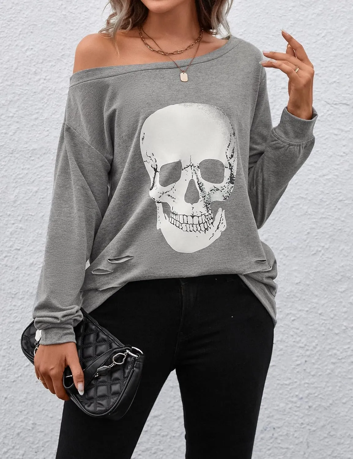 Blooming Jelly Women's Halloween Sweatshirts Skull Graphic T Shirts Long Sleeve Pullover Tops Gothic Fall Clothes 2024