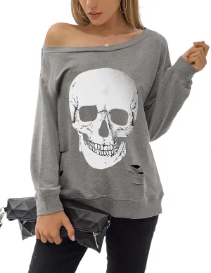 Blooming Jelly Women's Halloween Sweatshirts Skull Graphic T Shirts Long Sleeve Pullover Tops Gothic Fall Clothes 2024
