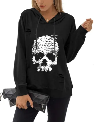 Blooming Jelly Women's Halloween Sweatshirts Skull Graphic T Shirts Long Sleeve Pullover Tops Gothic Fall Clothes 2024