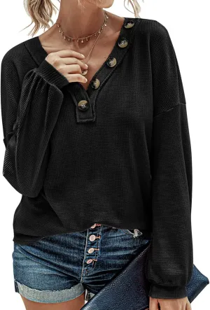 BTFBM Women Long Sleeve Shirts Spring Fall 2025 V Neck Loose Casual Blouse Deco Button Lightweight Waffle Knit Pullover