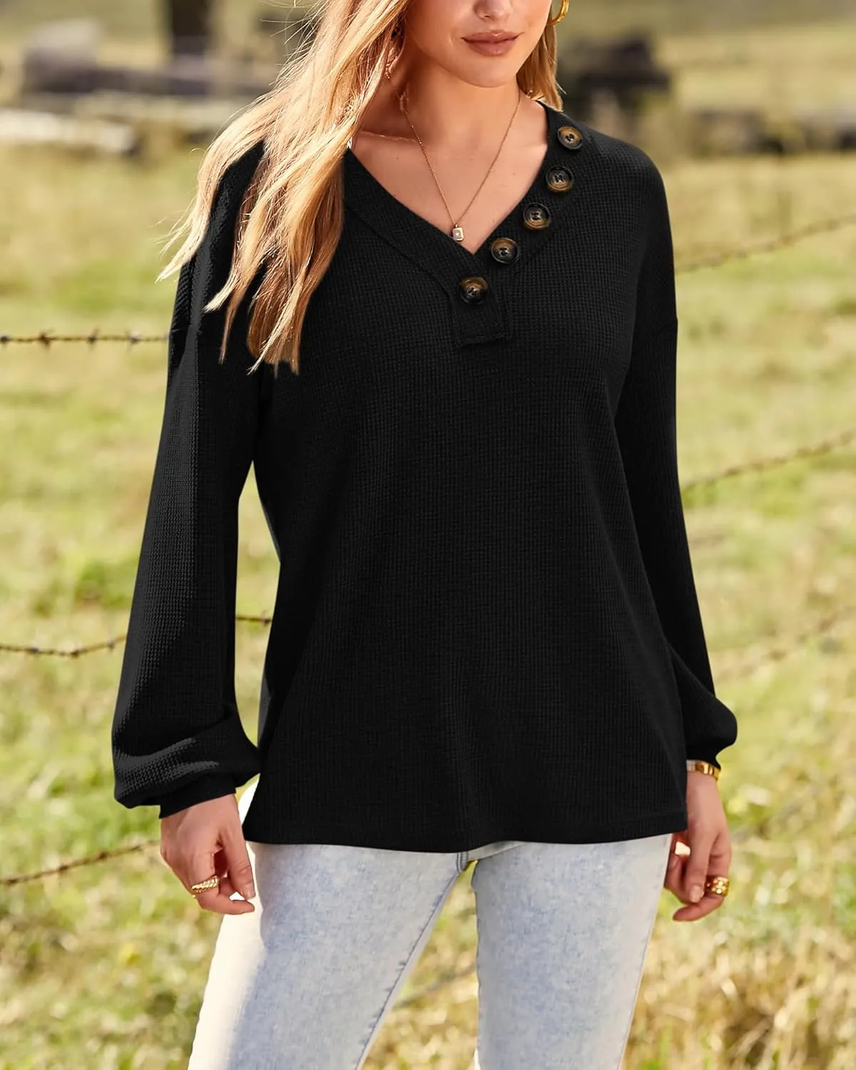 BTFBM Women Long Sleeve Shirts Spring Fall 2025 V Neck Loose Casual Blouse Deco Button Lightweight Waffle Knit Pullover