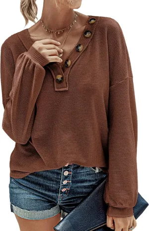 BTFBM Women Long Sleeve Shirts Spring Fall 2025 V Neck Loose Casual Blouse Deco Button Lightweight Waffle Knit Pullover