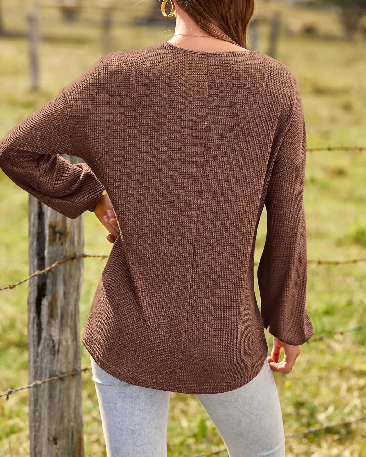 BTFBM Women Long Sleeve Shirts Spring Fall 2025 V Neck Loose Casual Blouse Deco Button Lightweight Waffle Knit Pullover