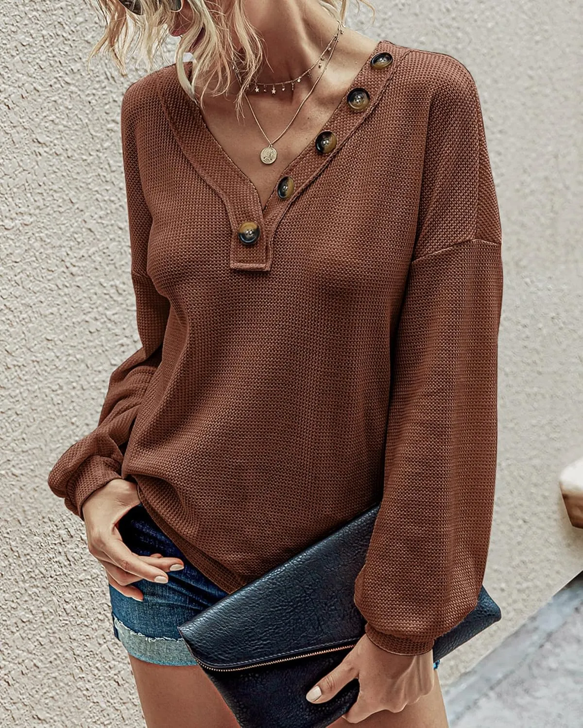 BTFBM Women Long Sleeve Shirts Spring Fall 2025 V Neck Loose Casual Blouse Deco Button Lightweight Waffle Knit Pullover