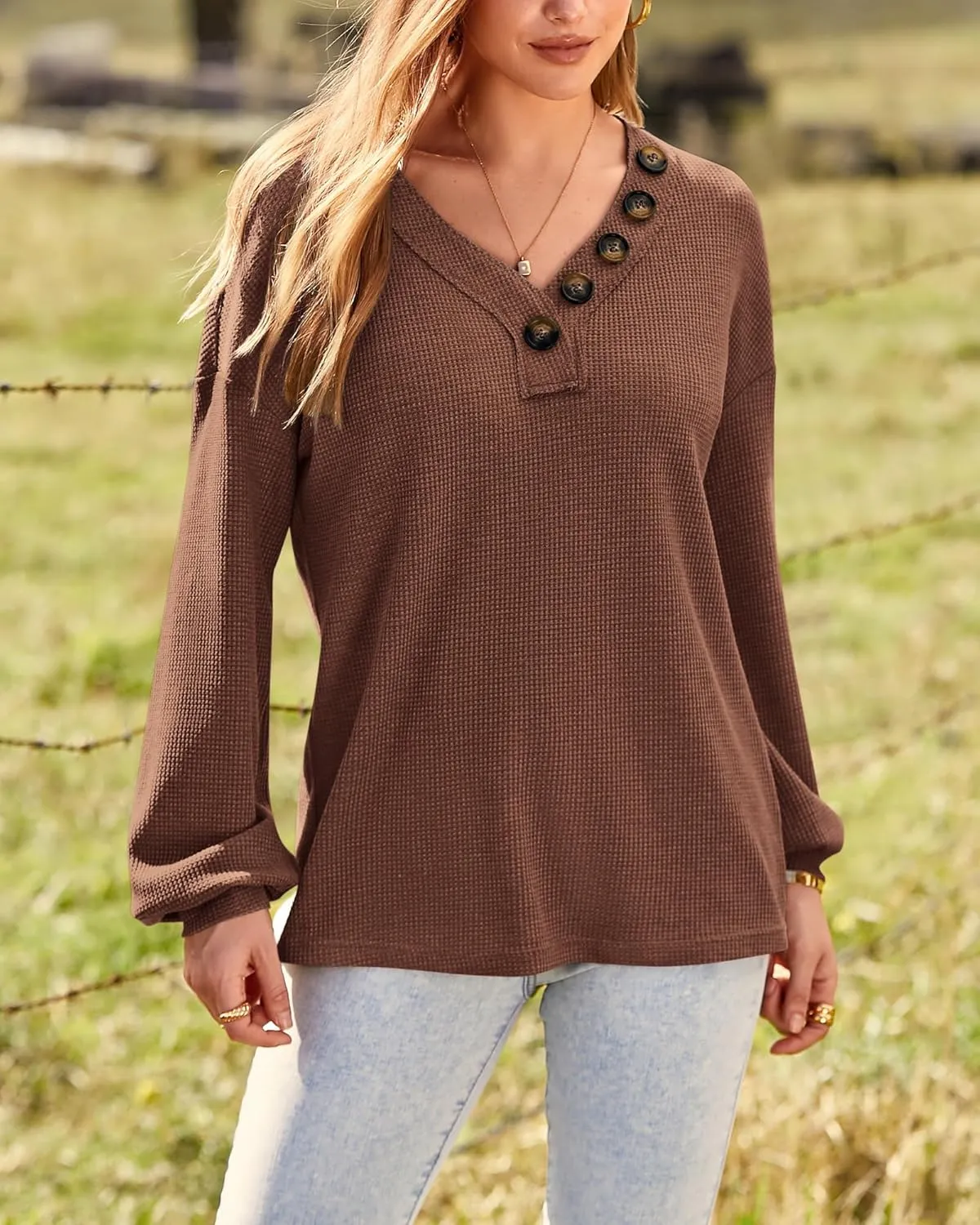 BTFBM Women Long Sleeve Shirts Spring Fall 2025 V Neck Loose Casual Blouse Deco Button Lightweight Waffle Knit Pullover