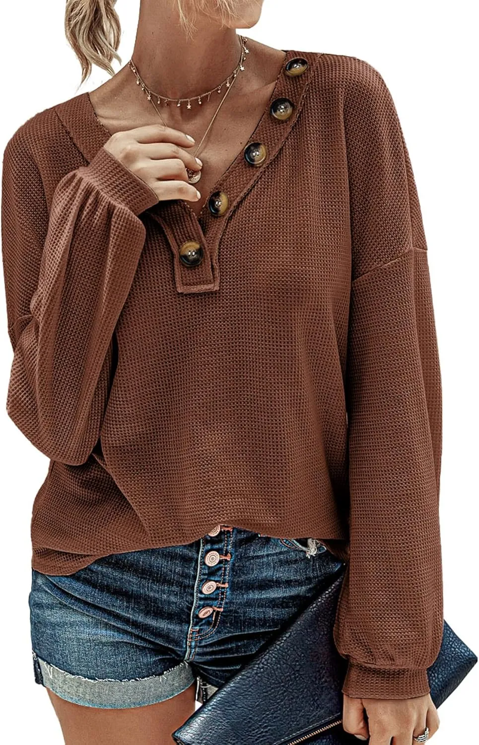 BTFBM Women Long Sleeve Shirts Spring Fall 2025 V Neck Loose Casual Blouse Deco Button Lightweight Waffle Knit Pullover
