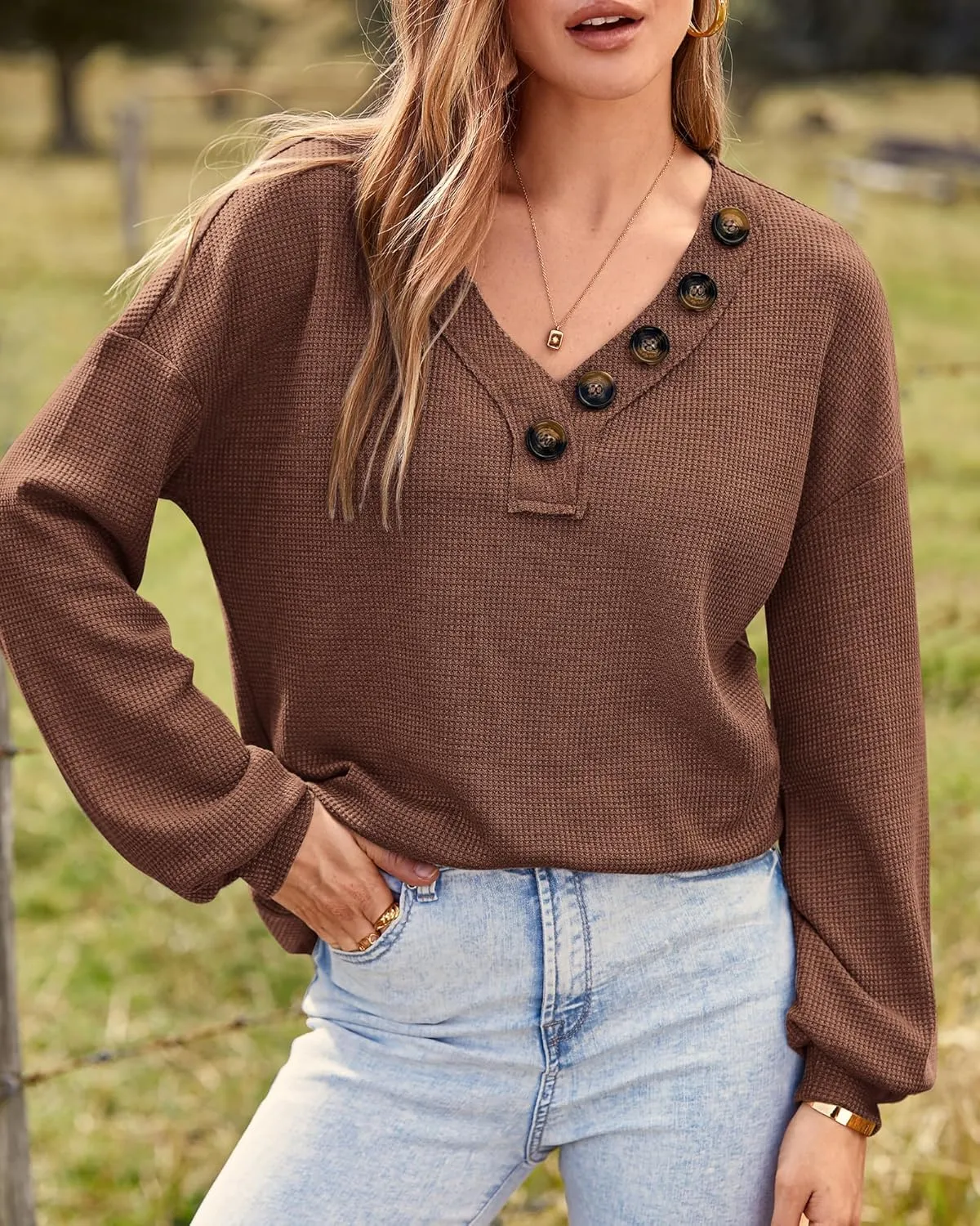 BTFBM Women Long Sleeve Shirts Spring Fall 2025 V Neck Loose Casual Blouse Deco Button Lightweight Waffle Knit Pullover