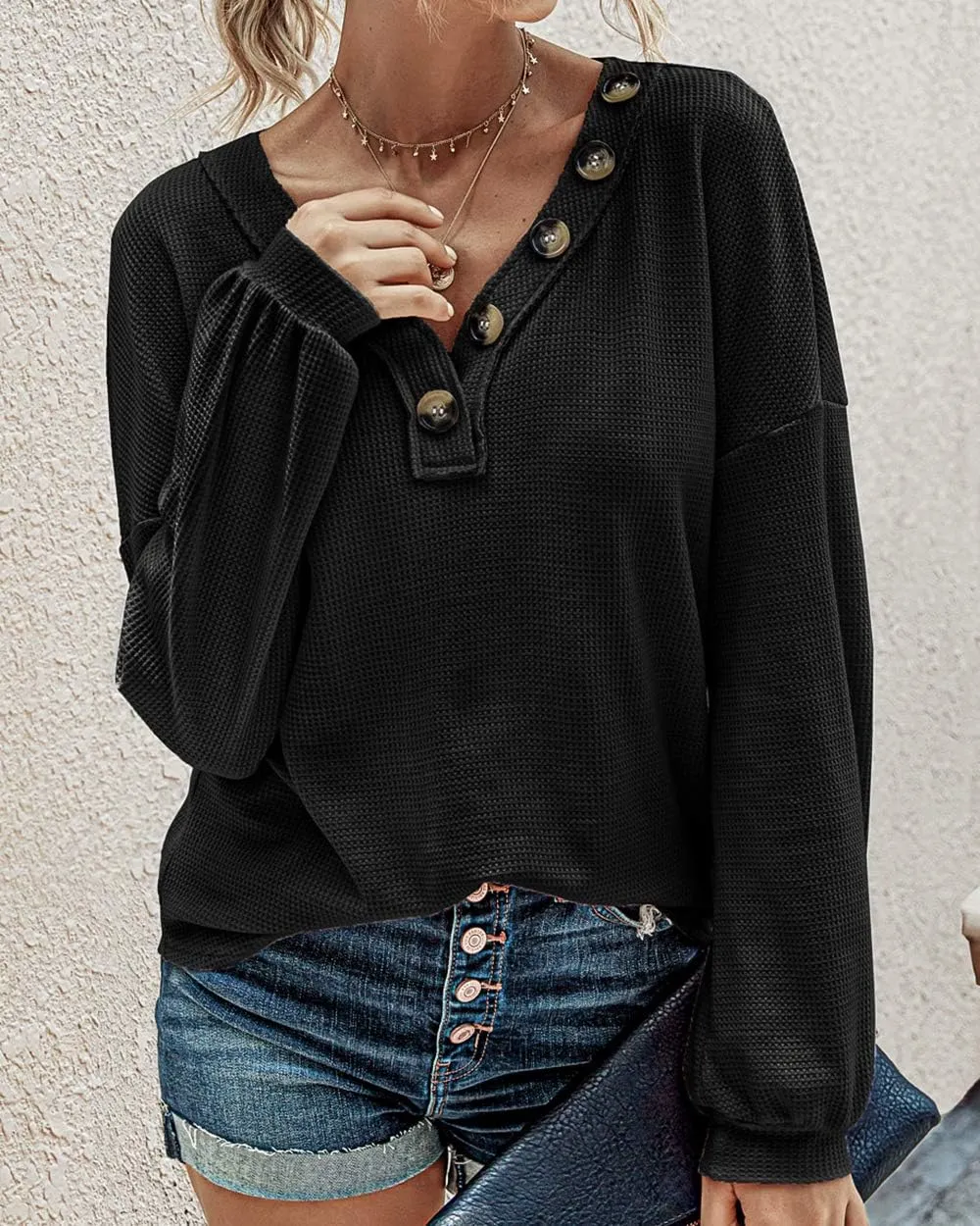 BTFBM Women Long Sleeve Shirts Spring Fall 2025 V Neck Loose Casual Blouse Deco Button Lightweight Waffle Knit Pullover