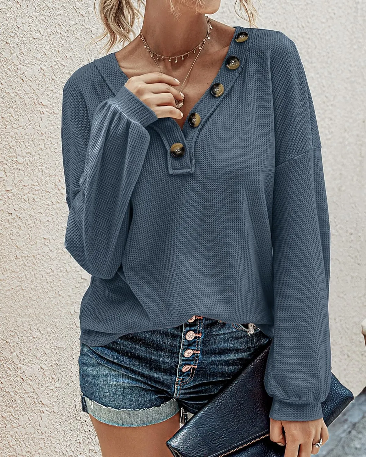 BTFBM Women Long Sleeve Shirts Spring Fall 2025 V Neck Loose Casual Blouse Deco Button Lightweight Waffle Knit Pullover