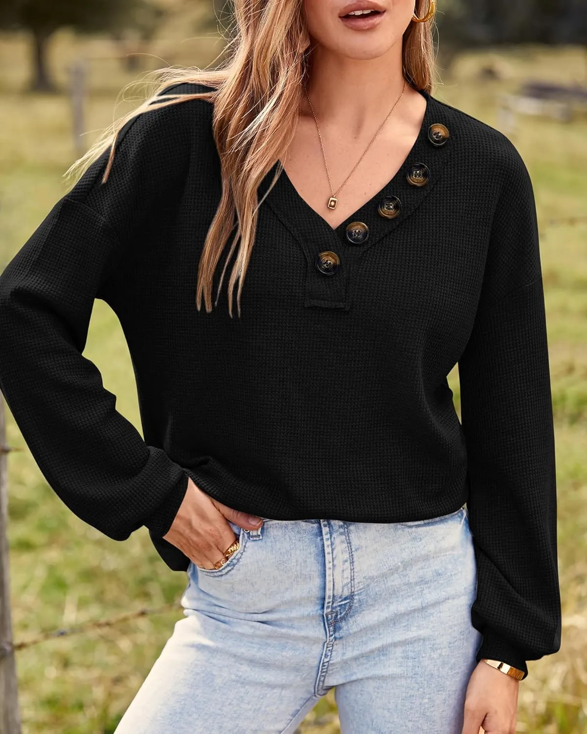 BTFBM Women Long Sleeve Shirts Spring Fall 2025 V Neck Loose Casual Blouse Deco Button Lightweight Waffle Knit Pullover
