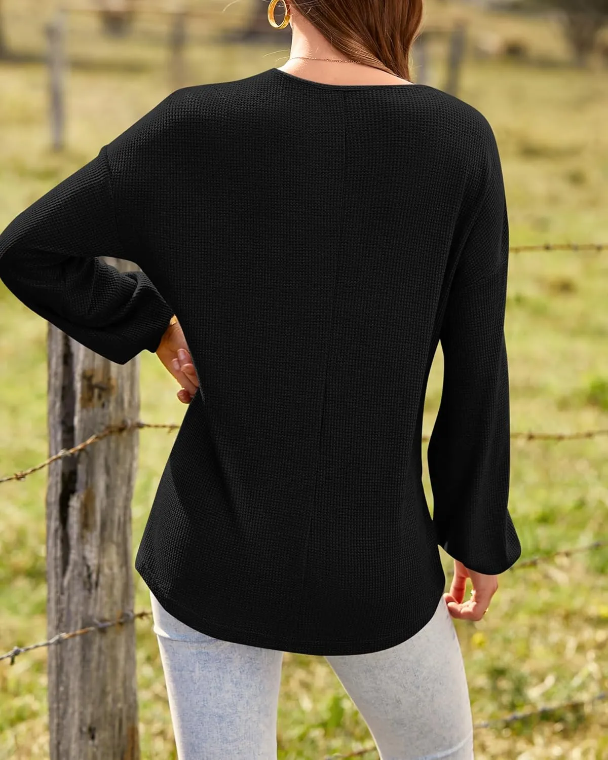 BTFBM Women Long Sleeve Shirts Spring Fall 2025 V Neck Loose Casual Blouse Deco Button Lightweight Waffle Knit Pullover