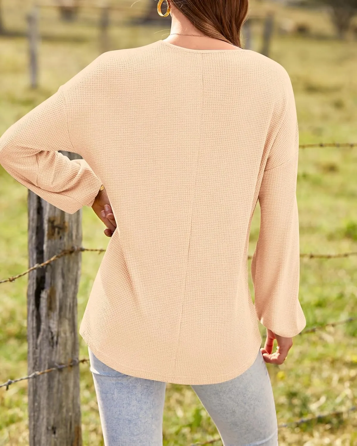 BTFBM Women Long Sleeve Shirts Spring Fall 2025 V Neck Loose Casual Blouse Deco Button Lightweight Waffle Knit Pullover