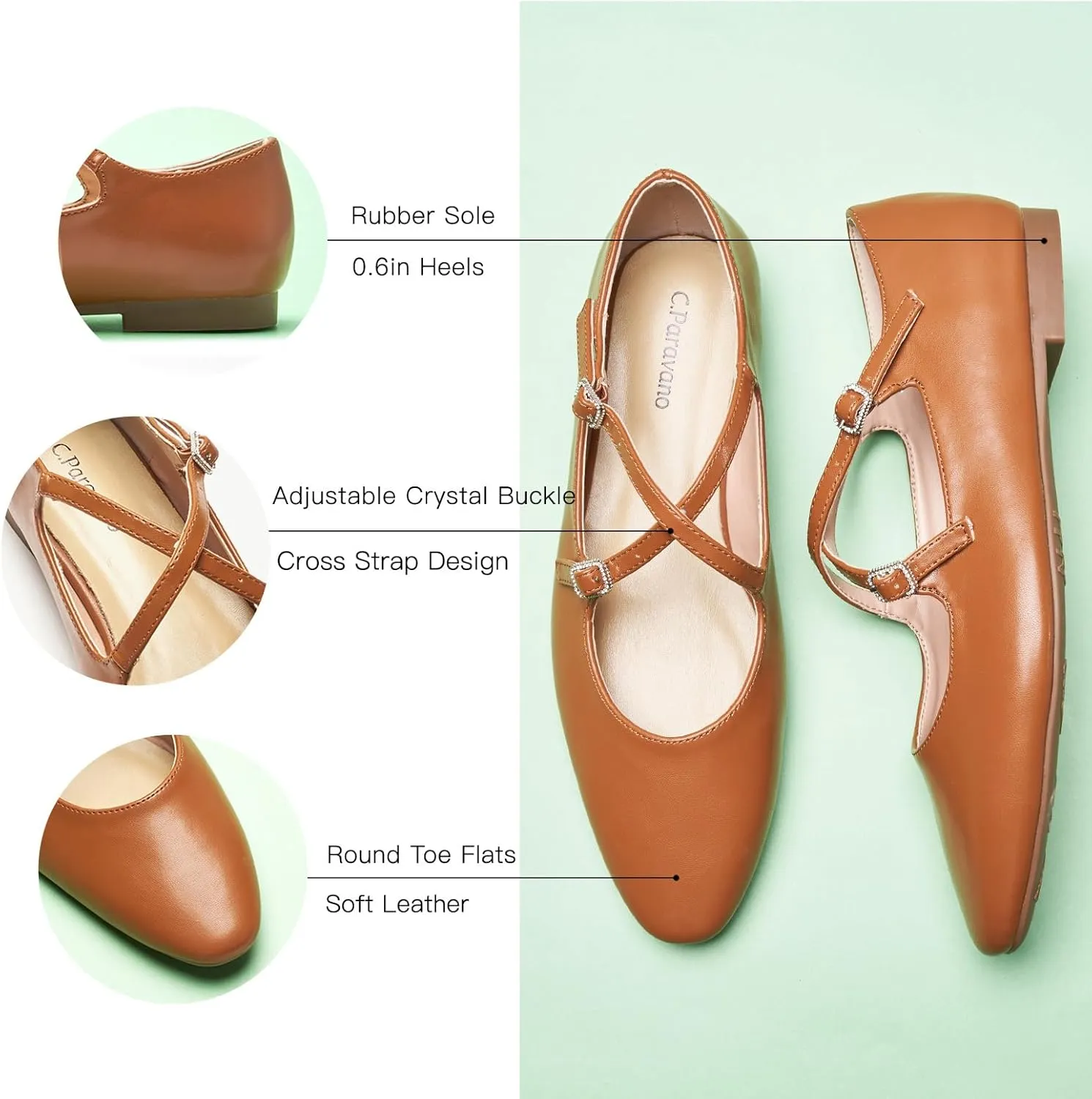 C. Paravano Women's Mary Jane Ballet Flats - Adjustable Buckle Strap,Soft Leather Almond Toe Flats for Work,Casual, Daily Wear, Wedding, Church, Office, and Travel and Driving-Stylish Women's Shoes